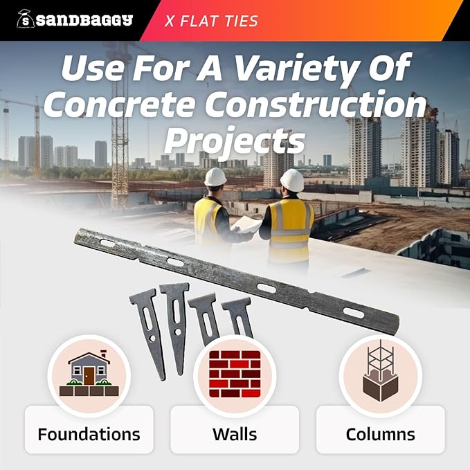 Sandbaggy X Flat Ties for Concrete Forms (for 8" Walls) - 11 Gauge Steel - Compatible with Standard Wedge Bolts - Space and Secure Modular Concrete Forms (0.82" x 14.38", 100)