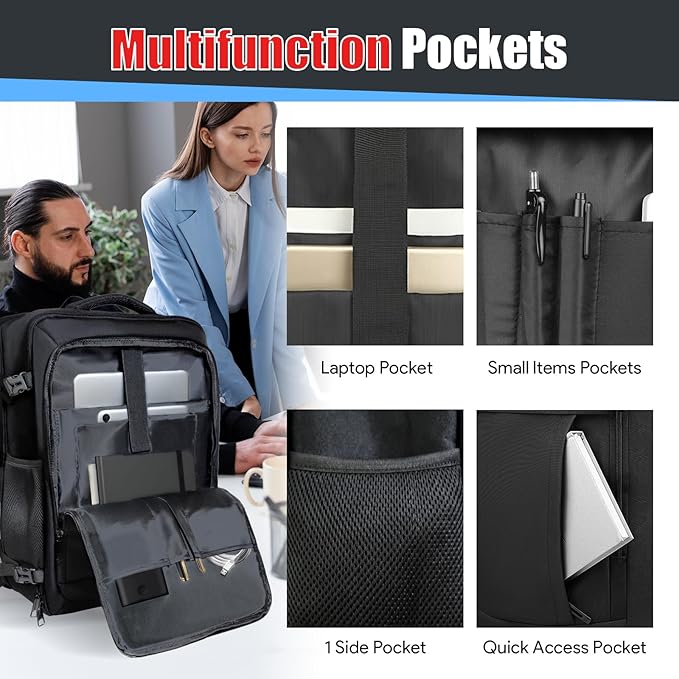Expandable Travel Backpack 50L-60L, Extra Large Carry on Backpack Hiking Camping Rucksack with Waterproof Wet Pocket, Anti-Theft 19 Inch Gaming Laptop Bag for Road Trip Outdoor Sports, Black