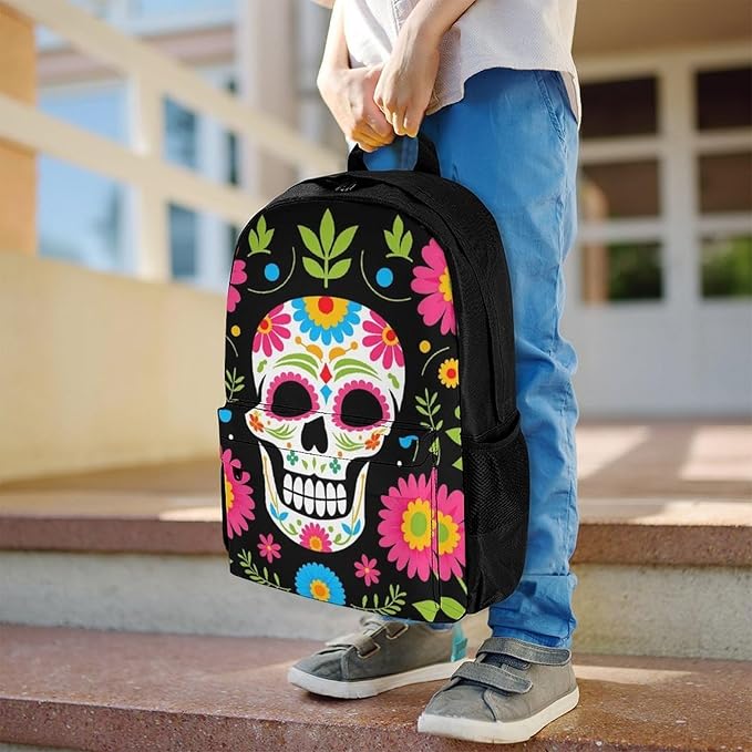 Supdreamc Backpack Polyester Anti-Theft Multipurpose Mexican Day Of Dead Flower Traditional Sugar Skull Bookbag Large Capacity Laptop Book Bag Rucksack With Side Pockets