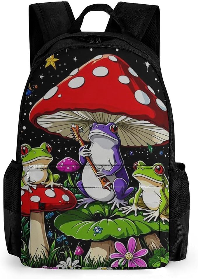 Polyester Daypack Backpack for Trekking Picnic Walking Cycling, Large Capacity Anti-Theft Multipurpose Shoulder Bag, Psychedelic Mushroom Trippy Magic Frog Art Casual Daypack