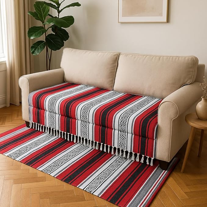 Airooglee 69" L x 51" W Large Mexican Blanket - Perfect as Yoga Outdoor Beach Serape Picnic Camping Woven Blanket, Boho Home Décor - Red