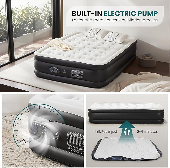 DUMOS Queen Air Mattress - 16" Inflatable Blow Up Airbed with Built-in High Capacity Pump, Double Height, Non-Slip Bottom Design, Weight Capacity 660 lbs Air Bed for Home or Camping