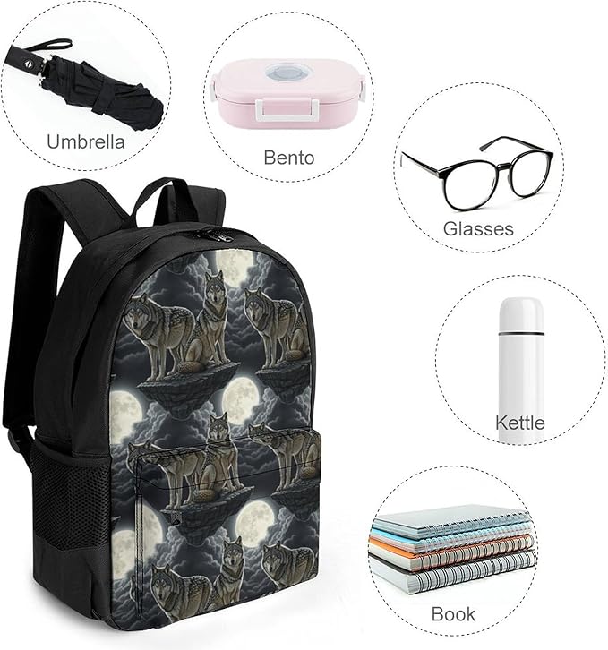 Sturdy Multipurpose Dual Shoulder Bag for Gym and Outdoor Activities, Full Moon Wolf, Travel Hiking Daypack