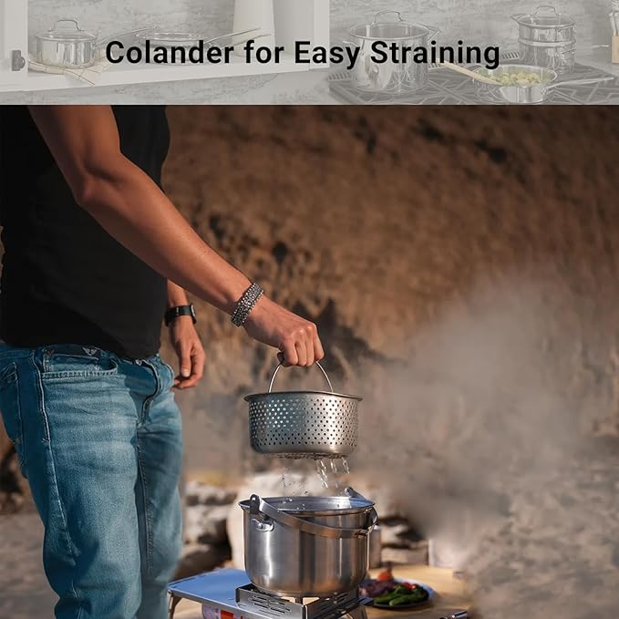 Camping Cookware Set 304 Stainless Steel Cooking Pots Pan Set with Travel Tote Bag For Camping Outdoor Kitchen Cooking Picnic For 4-6