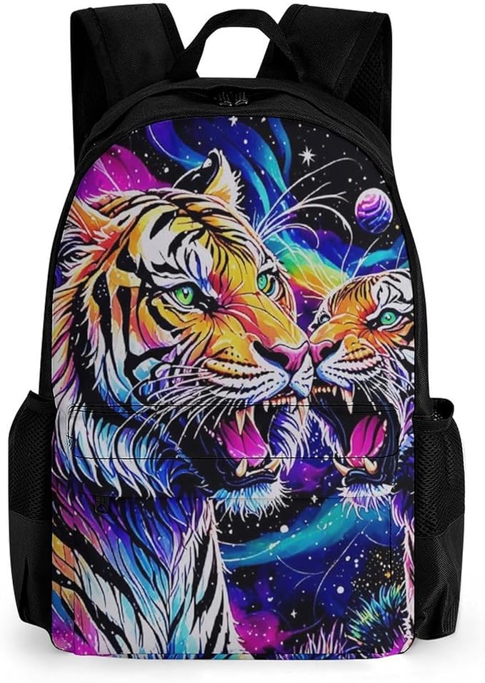 Supdreamc Rucksack Multipurpose Anti-Theft Big Capacity Shoulder Bag, Cool Tiger Universe Surreal Style Art Travel Hiking Camping Rucksack With Side Pockets