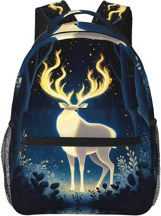 Daypack Anti-Theft Multipurpose Large Capacity Shoulder Bag, Mysterious Gold Elk Art Travel Hiking Camping Rucksack With Smooth Zippers
