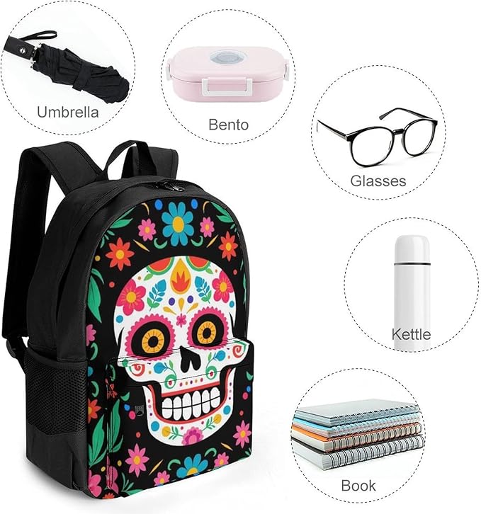 Supdreamc Daypack Anti-Theft Multipurpose Large Capacity Shoulder Bag, Mexican Day Of Dead Flower Traditional Sugar Skull Travel Hiking Camping Rucksack With Smooth Zippers