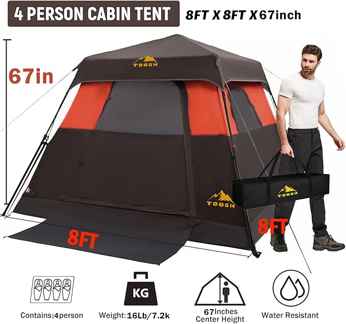 3/4 Person Camping Tent with 1 Door, 4 Windows, and Upgraded Ventilation– Instant Setup, Waterproof, 8'x 8'x 67''Oxford Fabric Floor Pop Up in 60 Seconds Includes Rainfly and Backpack