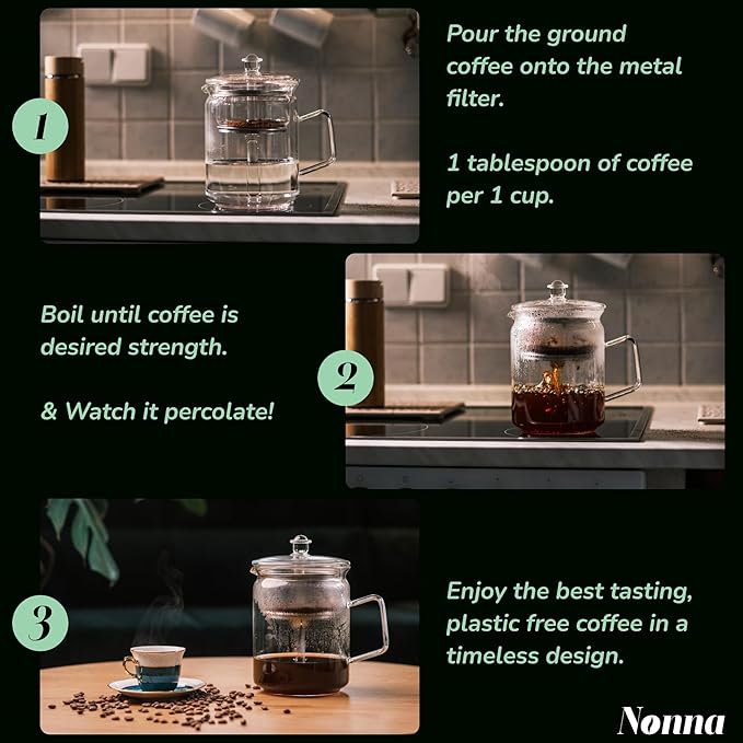 Glass Coffee Percolator - The Nonna | Non-Electric Borosilicate Glass & Stainless Steel | Eco-Friendly Coffee Gift | BPA Free | Stovetop Glass Percolator (1 Unit)