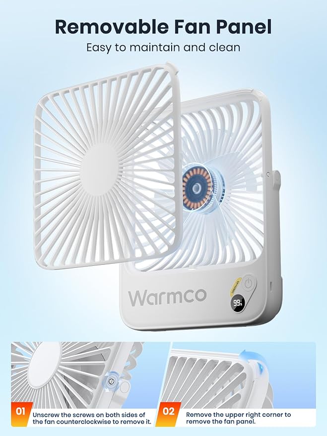 Warmco 10000mAh Portable Travel Fan 7-inch, [10-24H Runtime] Ultra-thin Digital Display Mini Desk Battery Operated Fan for Bedroom, Camping, Cruise Essentials 2025