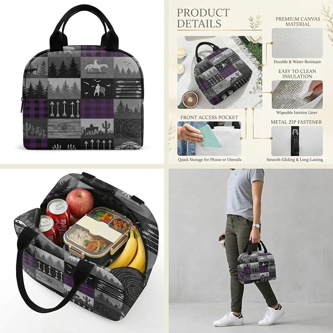 Western Retro Denim Insulated Lunch Bag Bear Deer Bird Nature Landscape Cactus Thermal Tote Portable Size (03)