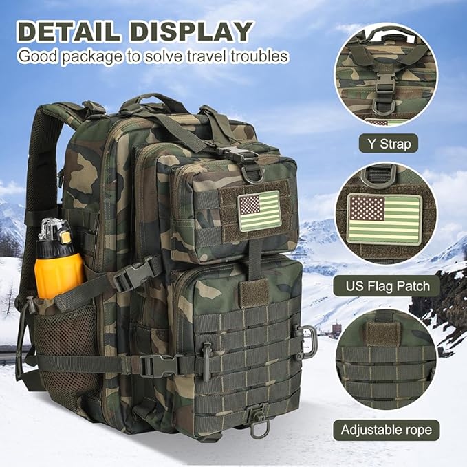 45L MOLLE Assault Backpack, Tactical Backpack Military Army Camping Rucksack with Bottle Holder, 3-Day Pack Trip w/USA Flag Patch, D-Rings, US Woodland