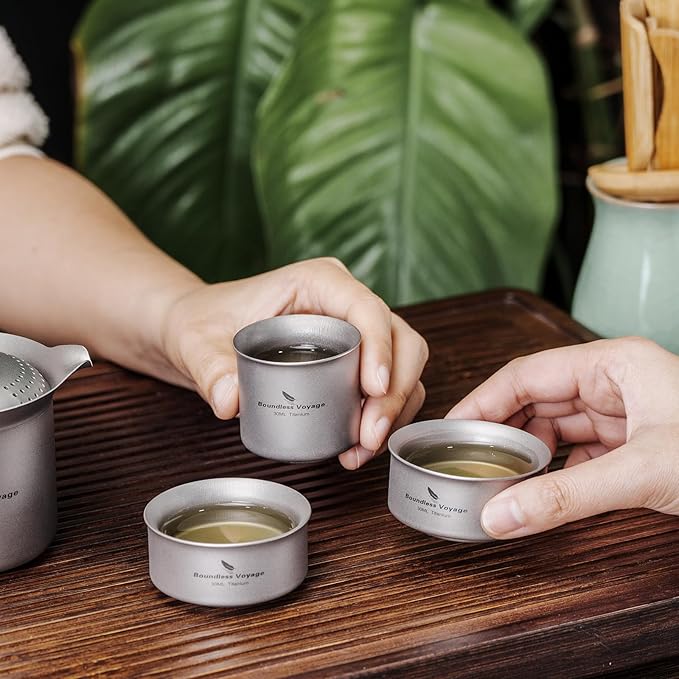Boundless Voyage Titanium Teacup Double-Layer Tea Maker Outdoor Teapot Camping Mug Set Leightweight Drinking Cup for Backpacking Picnic Travel (Ti3148D-3cups)