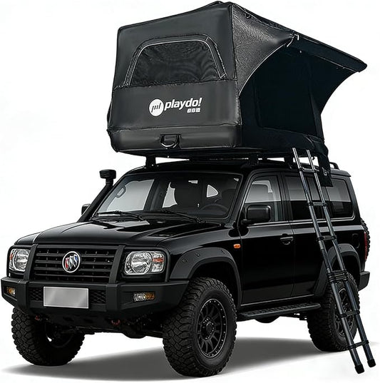 PlayDo Inflatable Rooftop Tent Easy Setup Camping Tent for The Roof of Sedans Pickup Blow Up Roof Top Tents SUV Truck Van Glamping Tent with Porch, Strip Light for 2-3 Person