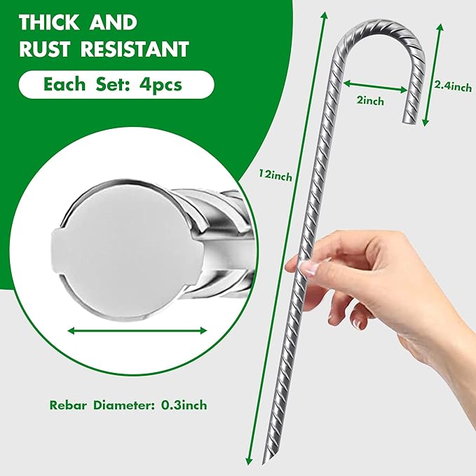 Eurmax USA Trampolines Stakes Heavy Duty Ground Stakes Canopy Parts Wind Stake with Rope 12 Inch Heavy Duty Stake Safety Ground Anchor Galvanized Steel J Shaped, Pack of 4(Silver)