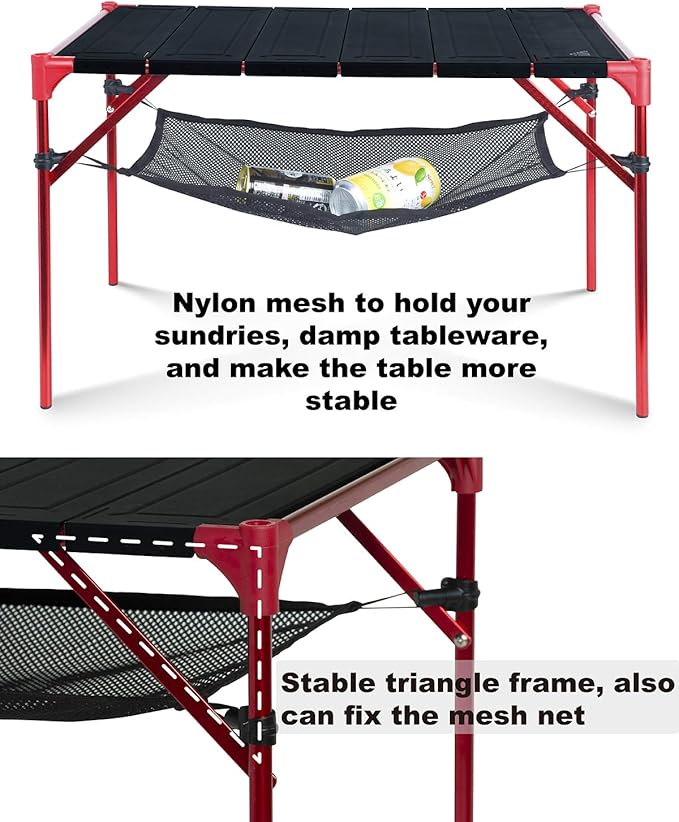 iClimb Extendable Folding Table Large Tabletop Area Ultralight Compact with Hollow Out Tabletop for Camping Backpacking Beach Concert BBQ Party, Three Size (Black - L + Hanger)