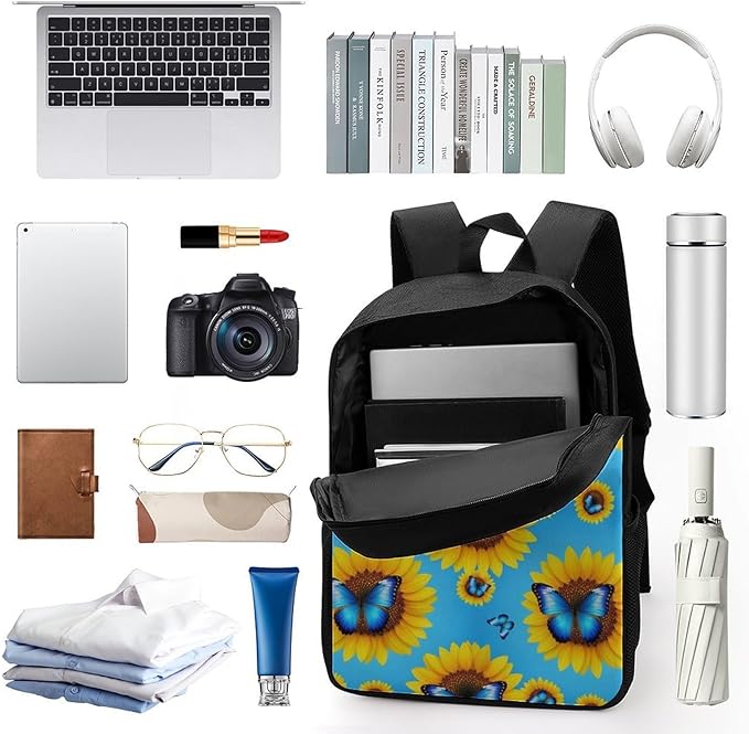Sports Gym Outdoor Backpack Blue Monarch Butterfly Sunflower College Bookbag with Large Capacity Rucksack for Men Women