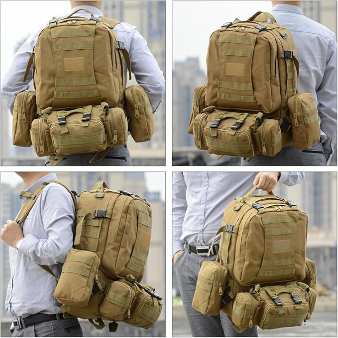Tactical Backpack Military Army Rucksack 60L Large Assault Pack Camping Detachable Molle Bag (Black)