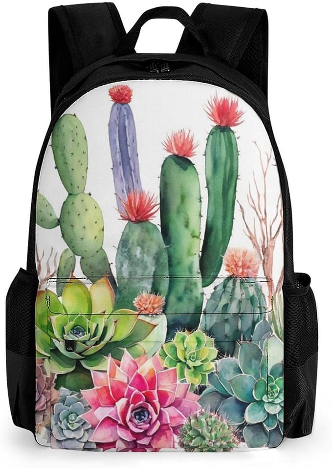 Men Women Lightweight Natural Cactus In Boho Style Flowers Twigs Cactus Backpack Large Capacity Carry On Bag With Padded Straps for Sports Work Walking Cycling