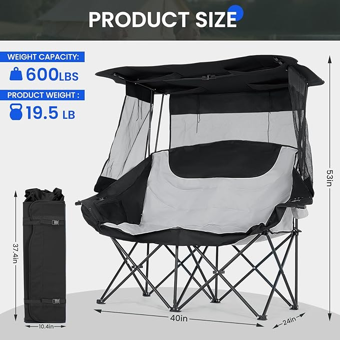 DoCred Double Beach Camping Chair with Canopy, Folding 2 Person Camping Sofa Seat, Portable Outdoor Loveseat with Shade, Oversize Camp Chair for Lawn, and Outdoor Activities