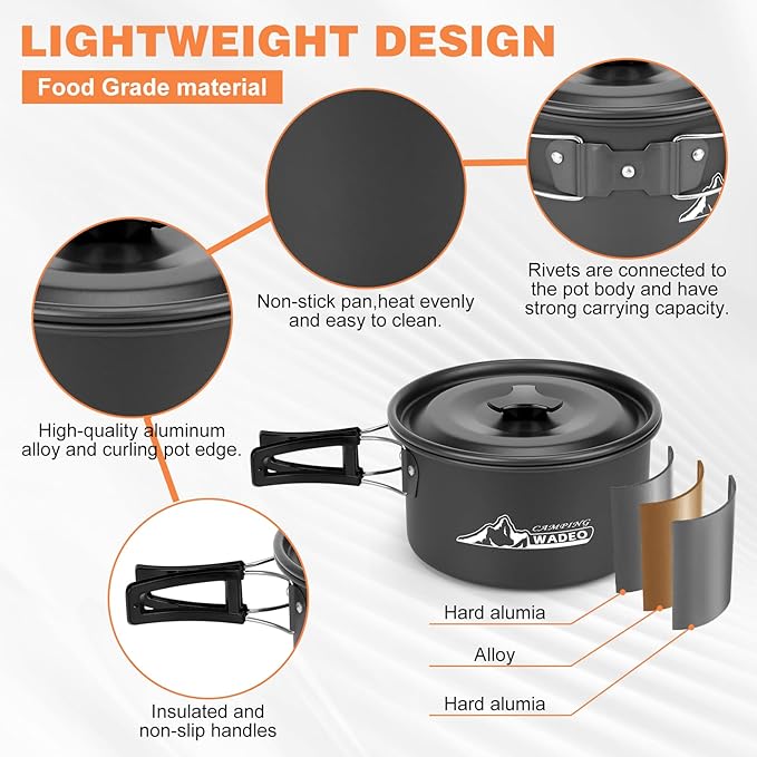 WADEO Camping Cookware Mess Kit with 7200W Camping Stove, 14PCS Non-Stick Camping Pot Pan Set with Stainless Steel Fork Knive Spoon for Camping Backpacking Hiking Outdoor Cooking and Picnic