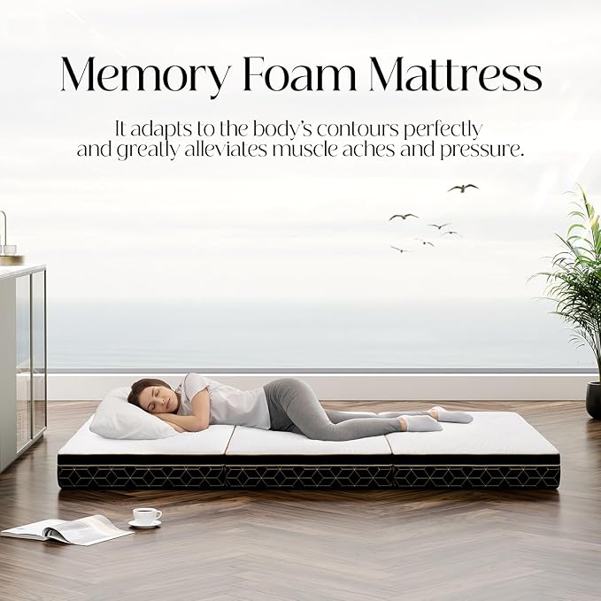 Tri-Fold Memory Foam Mattress Full - 6 Inch Portable Folding Mattress with Handle & Washable Cover, Floor Bed with Non-Slip Base, Space-Saving for Room, Travel, Guest Bed, RV, 73"x52"x6"