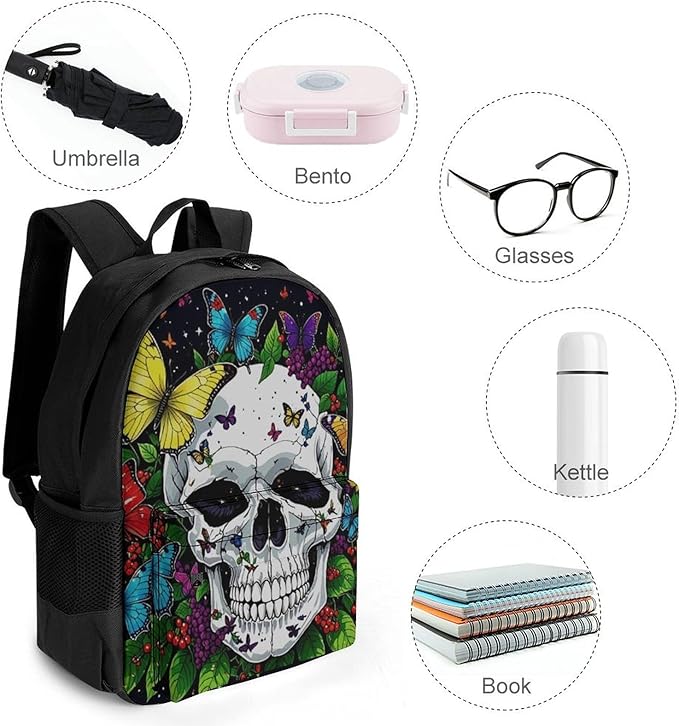 Lightweight Daypack for Camping Business Walking Cycling, Large Capacity Anti-Theft Multipurpose Bookbag, Magic Mushrooms Skull Psychedelic Butterfly Art Gym Outdoor Hiking Backpack