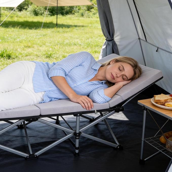 LILYPELLE Folding Camping Cot, Extra Wide Heavy Duty Sleeping Cots with Carry Bag, Double Layer Oxford Portable Travel Camp Cots for Home, Office Nap and Outdoor Beach