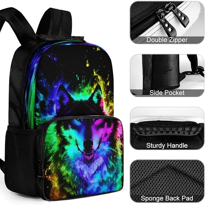 Polyester Daypack for Camping Travel Walking Cycling, Big Capacity Anti-Theft Multipurpose Bookbag, Wolf Colorful Fire Splashes Art Camping Outdoor Backpack