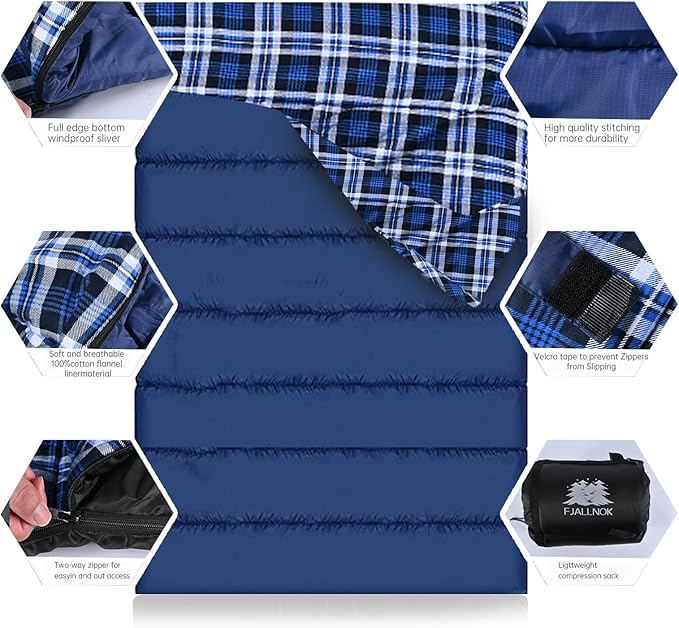 Double Sleeping Bag Cotton Flannel for Camping, Backpacking Or Hiking. Waterproof Queen Size Two Person Sleeping Bags for Adults Or Teens. Lightweight with Compression Sack
