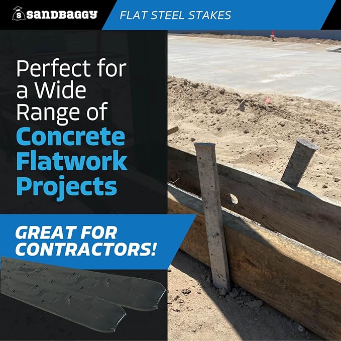 Sandbaggy Flat Steel Stakes for Concrete Forms with Nail Holes - 1.5" Wide - Painted - Removable, Reusable, V Point End - Construction Grade Stakes (120, 36 inch)