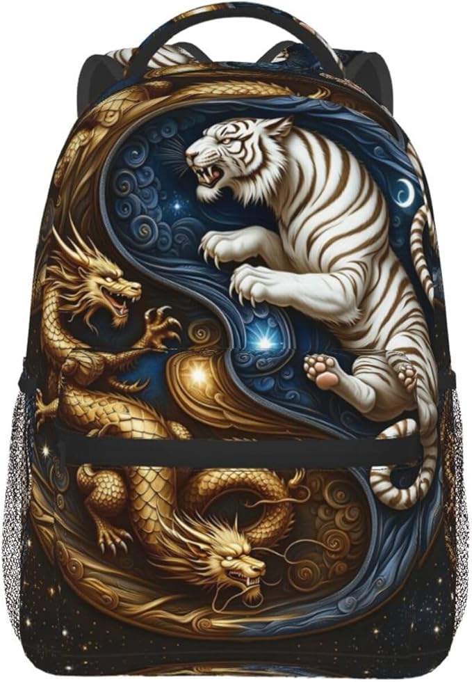 Men Women Polyester Yin Yang Gold Dragon White Tiger Art Backpack Large Capacity Bookbag With Smooth Zippers for Climbing Picnic Bicycle