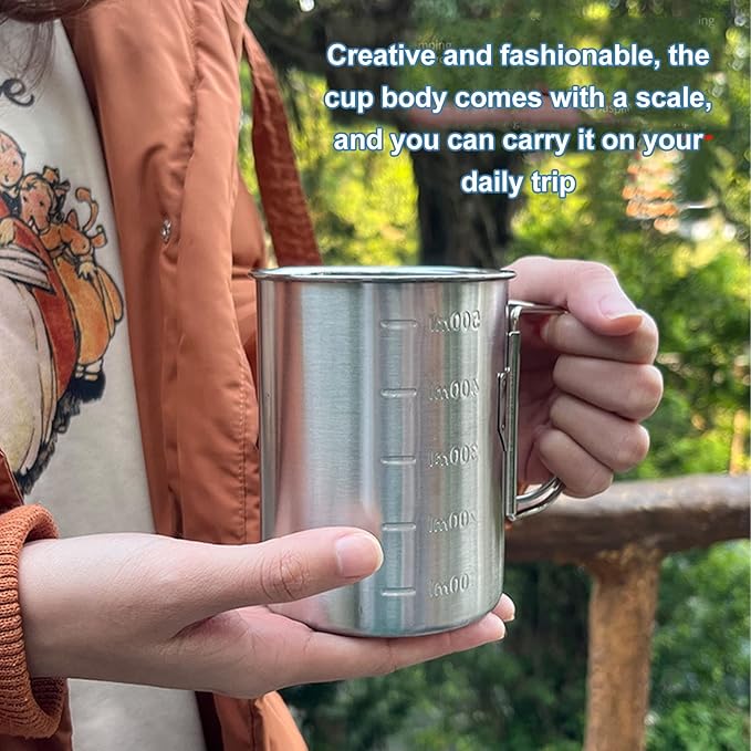 Stainless Camping Cup, 350ml Stainless Steel Camping Cup with Lid and Foldable Handle, High Temperature Direct Heating, Great for Backpacking