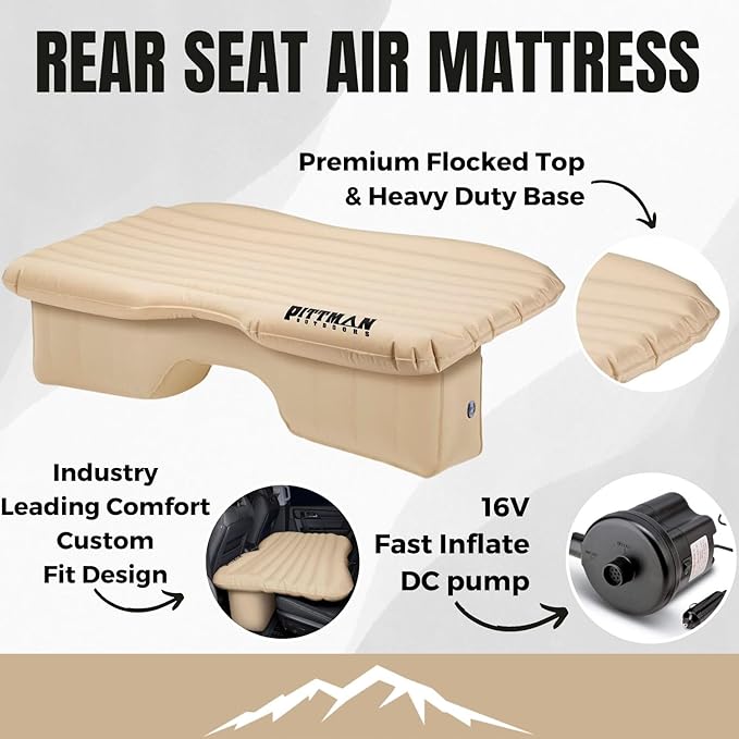 Backseat Bed for Truck - 60" Backseat Air Mattress for Truck, Vans & Large SUV Bed Mattress - Tan Rear Seat Air Mattress Includes Pump, Pillow & Storage Bag - 60" x 35.5"