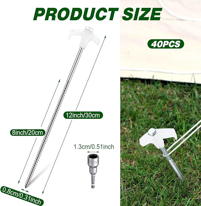 Hicarer 40 Pcs 12 Inch Tent Stakes Screw in Camping Stakes Heavy Duty Metal Spikes Ground Anchor Peg Threaded Tent Spikes with Hex Head Driver for Camping Garden Inflatable (Luminous White)
