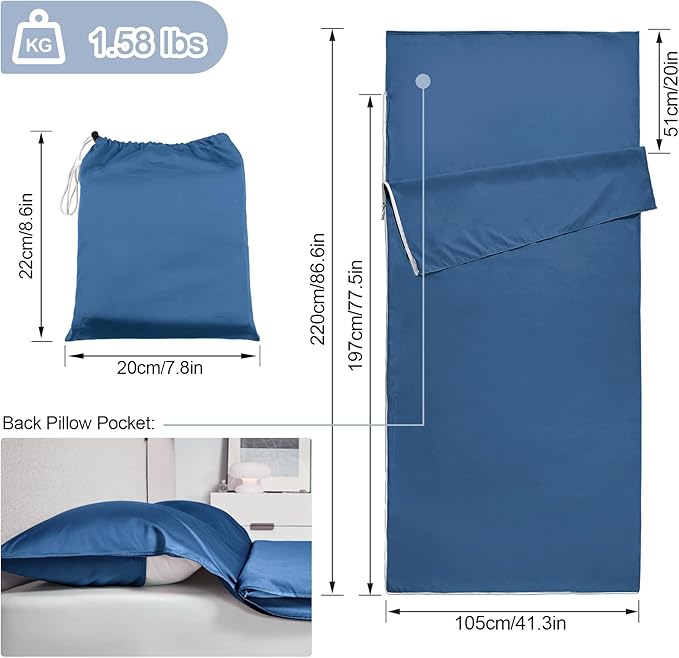 Sleeping Bag Liner,Long Staple Cotton, Adult Sleep Sack & Travel Sheets,Travel Sleep Sack for Backpacking, Hotels & Hostels Lightweight Travel Sheet Camping Sheets,Has Full Length Zipper