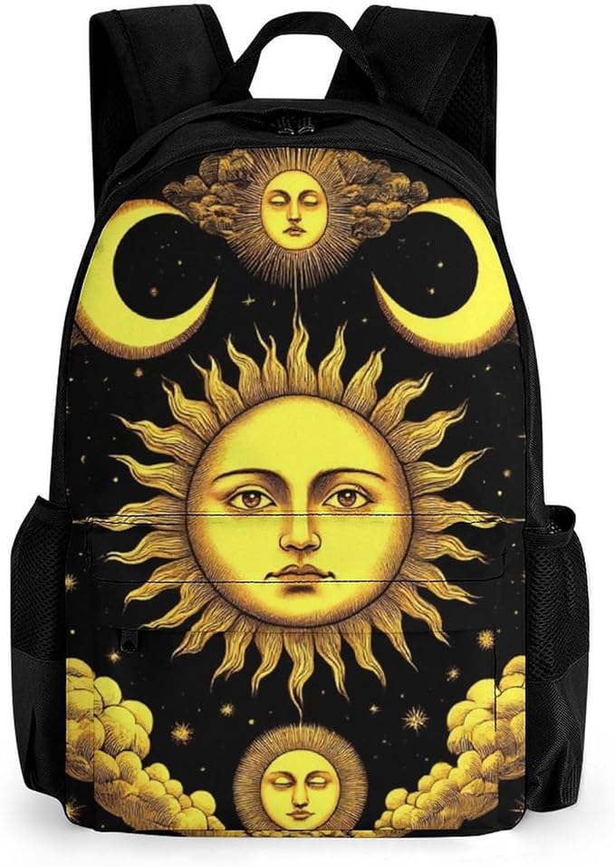 Polyester Daypack for Camping Travel Walking Cycling, Big Capacity Anti-Theft Multipurpose Bookbag, Sun Crescent Moon Stars Astrology Tarot Cards Camping Outdoor Backpack