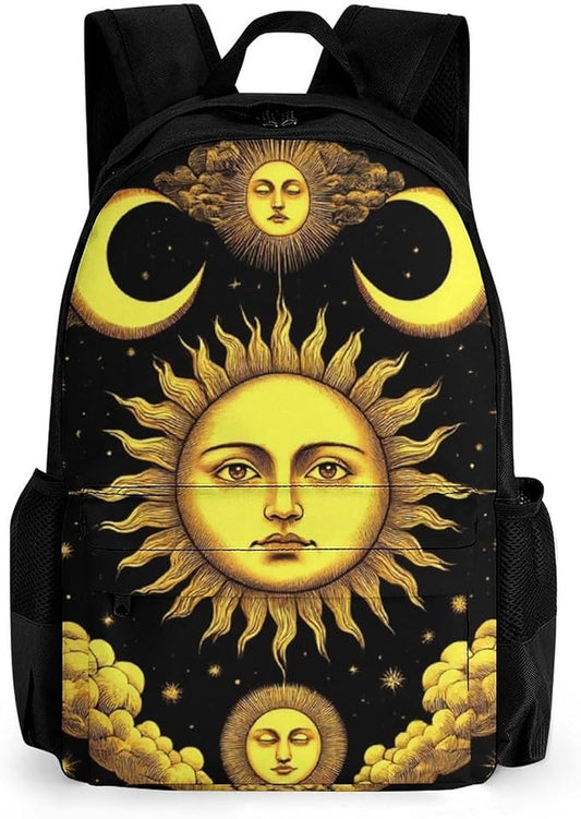 Polyester Daypack for Camping Travel Walking Cycling, Big Capacity Anti-Theft Multipurpose Bookbag, Sun Crescent Moon Stars Astrology Tarot Cards Camping Outdoor Backpack