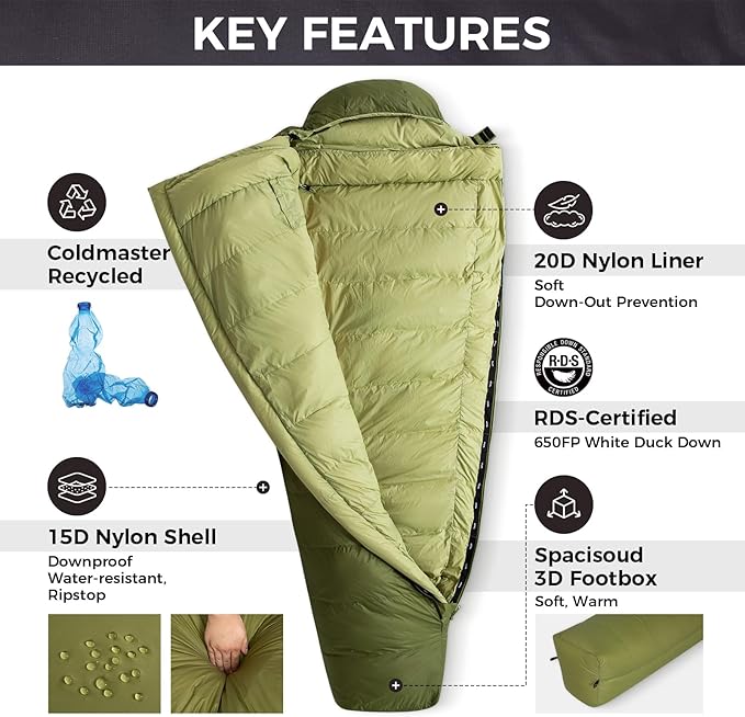 ATEPA Elements 450 Down Sleeping Bag for Adults, 700FP 42.8℉ Recycled Mummy Cold Weather Ultralight 3 Season Compact Packable Sleeping Bag with 15D Nylon Shell for Backpacking Camping Hiking