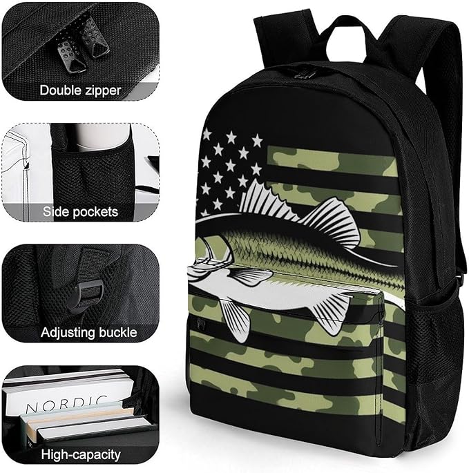 Men Women Lightweight Bass Fishing Hunting Camo Camouflage American Flag-4 Casual Daypack Big Capacity Bookbag With Padded Straps for Gym Travel Walking Cycling
