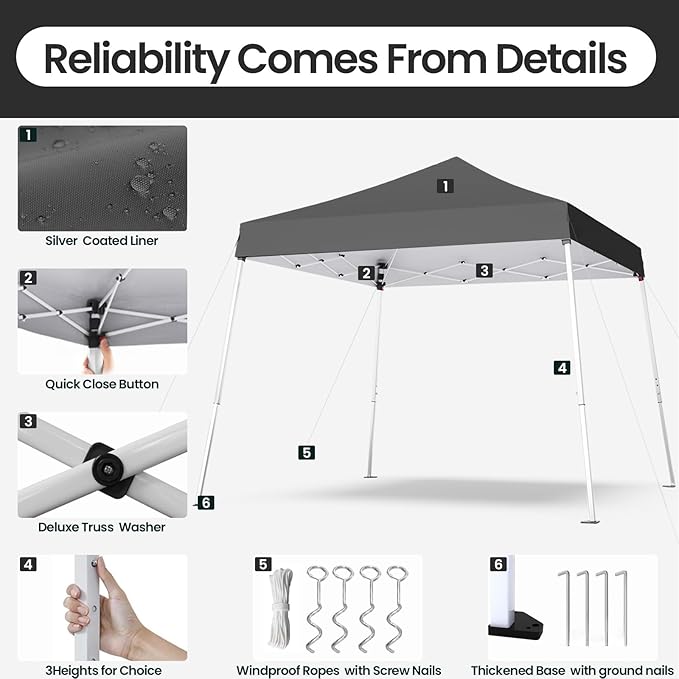 10x10 Pop Up Canopy, 300D Silver Coated Grey Fabric Outdoor Gazebo, Beach Tent Slant Legs with Storage Bag,Easy Up Sun Shade Shelter Tents with 8x8 Top Cover for Patio,Party