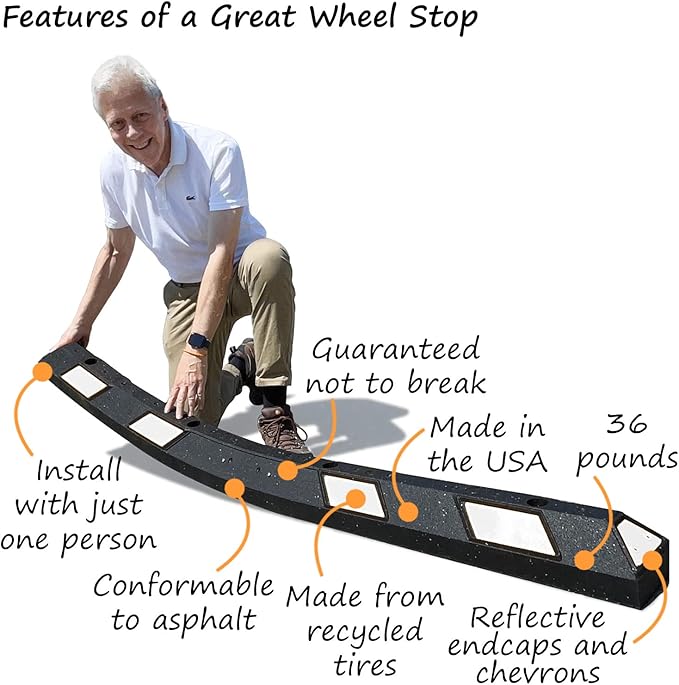 SmartSign Rubber Parking Curb, (Pack of 10) Heavy Duty Parking Stops with White Reflective Stripe Chevrons, 72" Long (6ft), Wheel Stops for Parking Lots/Garage/Cars/Trucks, Pre-Drilled Holes