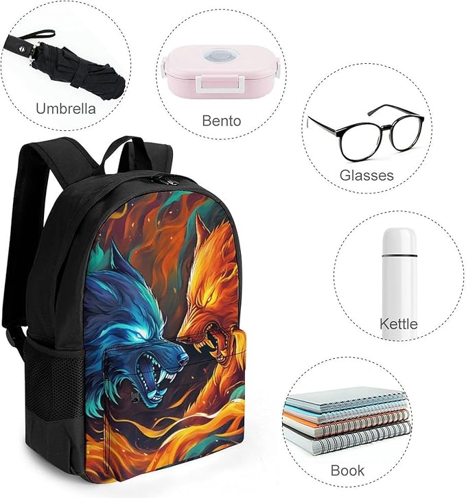 Supdreamc Polyester Daypack Bookbag for Gym Business Bicycle, Large Capacity Multipurpose Anti-Theft Carry On Bag, Ice And Fire Flaming Cool Wolf Art Travel Hiking Daypack