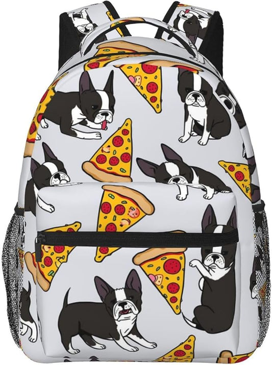 Polyester Daypack for Hiking Work Running, Big Capacity Anti-Theft Multipurpose Shoulder Bag, Grey Boston Terrier Dog Pizza Travel and Sport Backpack Rucksack