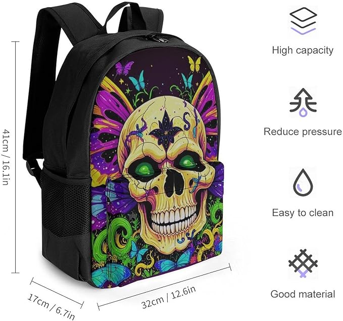 Rucksack Polyester Anti-Theft Multipurpose Skull And Butterflies Carry On Bag Large Capacity Travel and Sport Backpack Rucksack With Smooth Zippers