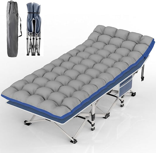 Suteck Camping Cot, Folding Camping Cot Bed for Adults Sleeping 1200D Double Layer Oxford Portable Folding Outdoor Cots for Camping W/Soft Pad Carry Bag for Home Office Nap Beach Travel, 500LBS,Blue