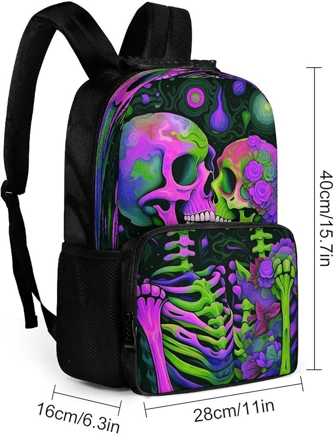 Lightweight Daypack Backpack for Sports Travel Running, Large Capacity Multipurpose Anti-Theft Bookbag, Skeleton Love Kiss Colorful Art Laptop Backpack Daypack