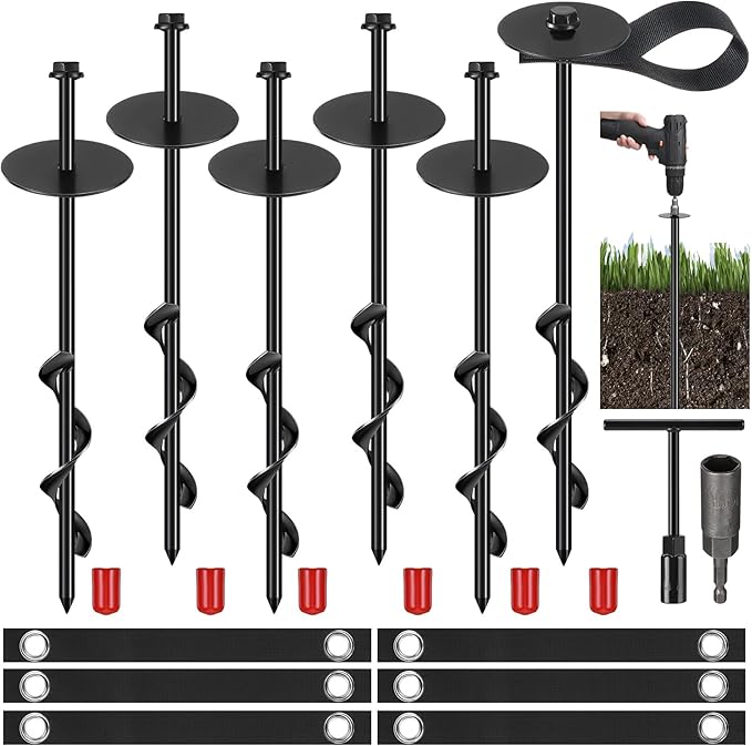 LEIFIDE 12 Set Trampoline Stakes Wind Anchor Kit Heavy Duty Ground Anchors Trampoline Spiral Stakes with Belt Straps (Black)