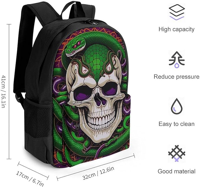 Backpack Polyester Anti-Theft Multipurpose Medusa Skull Green Snake Art Bookbag Large Capacity Laptop Book Bag Rucksack With Side Pockets