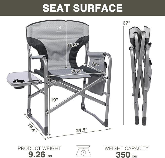 EVER ADVANCED Lightweight Folding Directors Chairs Outdoor, Aluminum Camping Chair with Side Table and Storage Pouch, Heavy Duty Supports 350LBS
